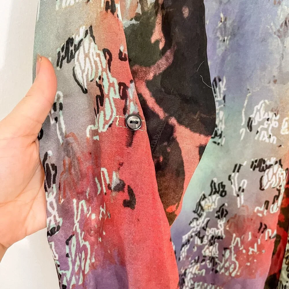 Abstract Multi-Color Sheer Button-Front Blouse - Picture 8 of 10